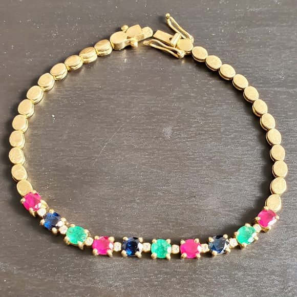 Watch Video / 14K Gold Ruby, Emerald, Sapphire & Diamond Tennis Bracelet - Picture 1 of 10